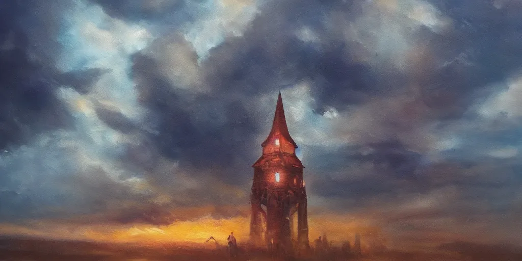 Prompt: an oil painting of a tower on the edge of forever, fantasy, hyper realistic, dramatic lighting, cinematic, 35mm lens, 2k,