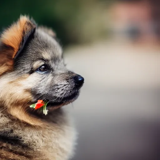 Image similar to a keeshond puppy smelling a flower, sigma 8 5 mm f / 1. 4