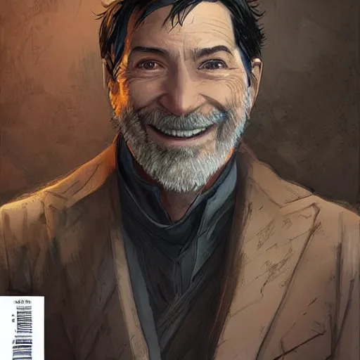 Image similar to portrait of a treasure hunter, grizzled man smiling brightly in his 5 0 s with dark hair and sharp cheekbones, dressed in expensive clothes, detailed face, smooth, sharp focus, graphic novel, art by artgerm and greg rutkowski and pepe larraz,