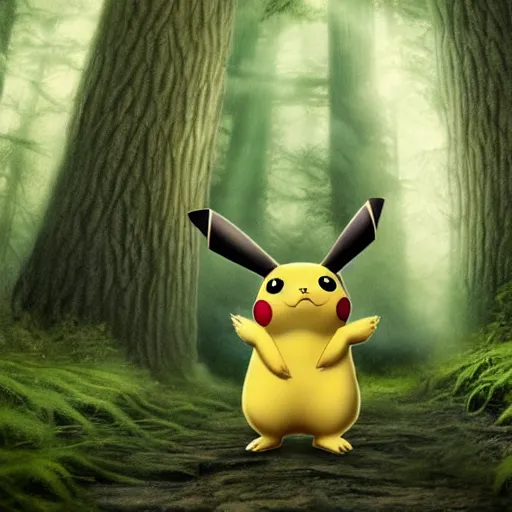 Prompt: Pikachu in the forbidden forest from Harry Potter, photorealistic