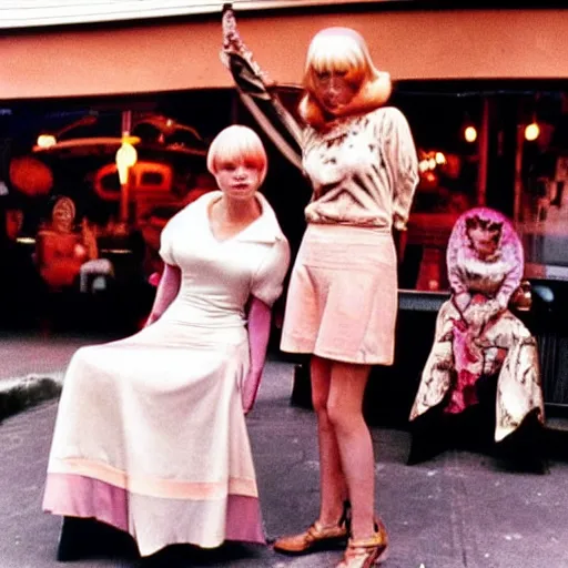 Image similar to 1976 color archival photo of a glamorous woman in a dress, and her friend, who looks like Caspar the Friendly Ghost, in a sidewalk cafe, 16mm film soft color, earth tones and soft color 1976, live-action archival footage, in style of doris wishman russ meyer, woman looks like young mia farrow