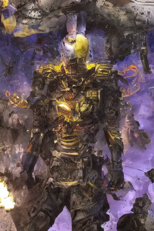 Prompt: A distant view front shot of a cyborg soldier with a Ukrainian flag behind him while he is standing on a huge pile of skulls in triumph after the battle, head is up, flag in hands, dark atmosphere, bright rays of light from the sky, beams of light, intricate, volumetric lighting, neon blue and yellow lights, highly detailed, smooth, artstation, concept art, сinematic lighting, insanely detailed, smooth, sharp focus, Artstation, 8k, unreal engine, hyper realistic, steampunk style, bright background, moonlight, volumetric lighting, wallpaper, digital illustration by Ruan Jia and Mandy Jurgens and Artgerm and Wayne Barlowe and Greg Rutkowski and Frank Frazetta