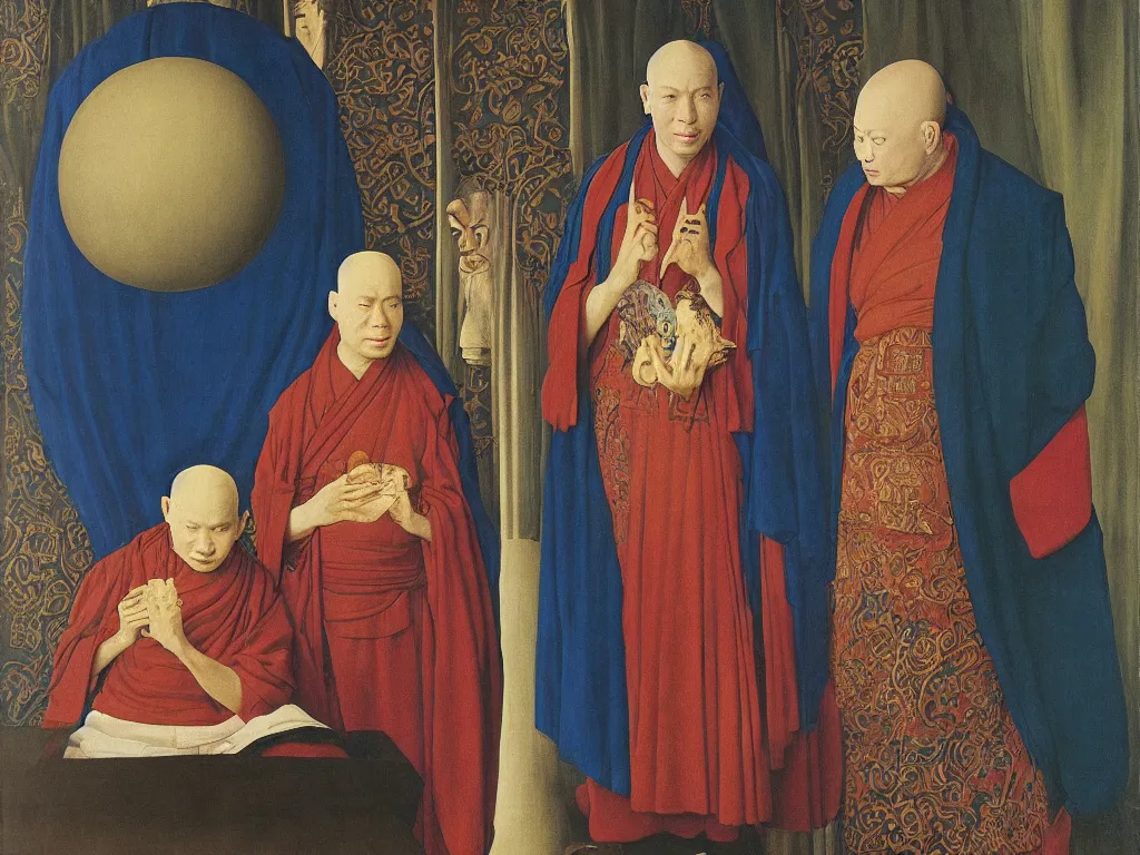 Image similar to Portrait of albino mystic with blue eyes, with Buddhist monk. Painting by Jan van Eyck, Audubon, Rene Magritte, Agnes Pelton, Max Ernst, Walton Ford