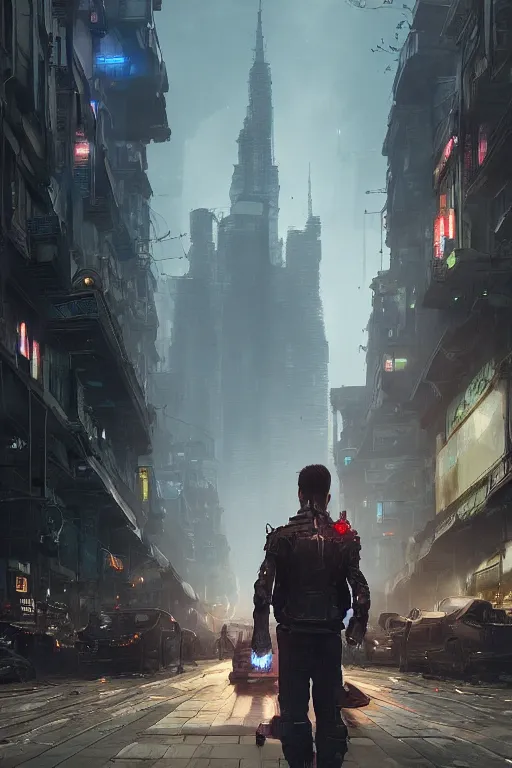 Image similar to a portrait of a small cyborg standing in the middle foreground walking in the street of a great mechanical city by Greg Rutkowski, Sung Choi, Mitchell Mohrhauser, Maciej Kuciara, Johnson Ting, Maxim Verehin, Peter Konig, final fantasy , mythical, 8k photorealistic, cinematic lighting, HD, high details, atmospheric,