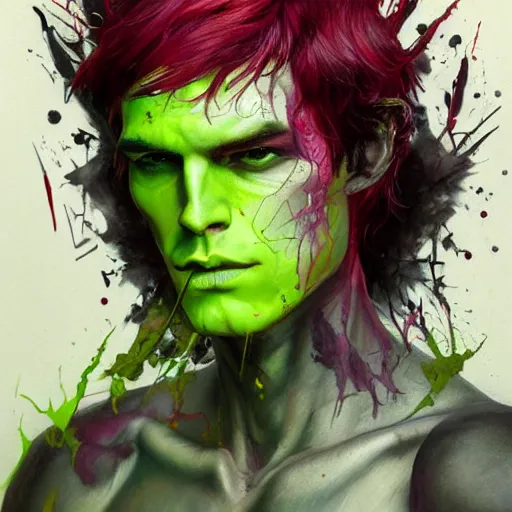 Image similar to a Demon Slayer portrait of Micheal Ward, tall, pale-skinned, slender with lime green eyes and long eyelashes by Stanley Artgerm, Tom Bagshaw, Arthur Adams, Carne Griffiths, trending on Deviant Art, street art, face enhance, chillwave, maximalist, full of color, glittering