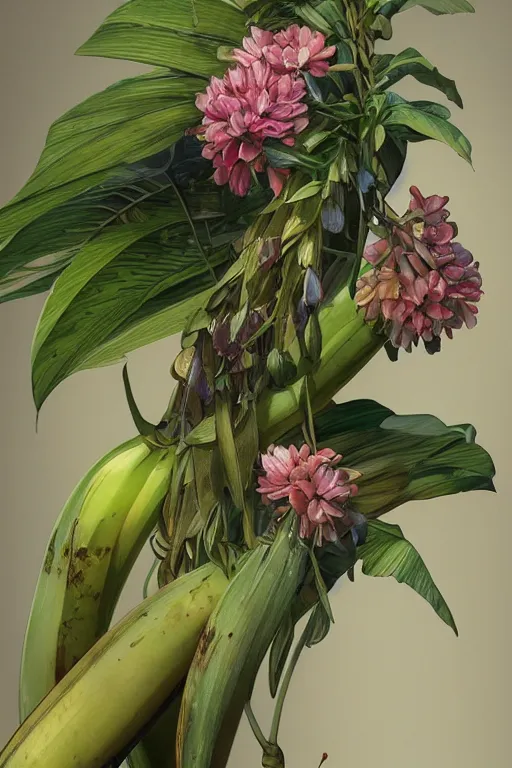 Prompt: ultra realistic illustration, banana plants close up drawing and colorful flowers, elegant, highly detailed, digital painting, concept art, smooth, sharp focus, illustration, art by greg rutkowski and alphonse mucha