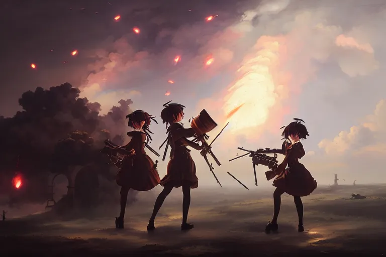 Image similar to baroque oil painting of anime key visual concept art of anime maids using artillery firing at enemy lines, smoke debris, grimdark steampunk fantasy, pleasant battlefield, trending on artstation, brush strokes, oil on canvas, style of makoto shinkai and greg rutkowski and studio ghibli