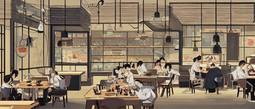 Image similar to a beautiful interior view illustration of a small roasted string hotpot restaurant in yan'an city, wall corner, restaurant wall paper is tower amd mountain, rectangle white porcelain table, people are eating, black chair, animation illustrative style, from china, simple style structure decoration design, victo ngai, james jean, 4 k hd