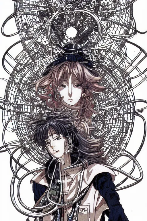 Image similar to illustration of an anime thief character with many metal objects spinning around them, intricate linework, in the style of moebius, ayami kojima, 1 9 9 0's anime, retro fantasy