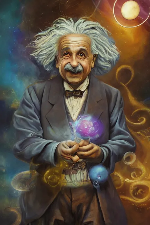 Image similar to breathtakingly beautiful painting of albert einstein dressed as a disney genie, thinking about equations, moonlit sky, matte painting by brian froud, shaun tan, wlo and peter mohrbacher, highly detailed, intricate,, award winning artwork, trending on artstation, high quality printing, fine art