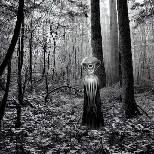 Prompt: trail cam photo of a grey alien in a forest