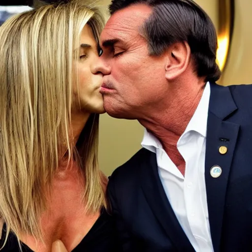 Prompt: photo of Jair Bolsonaro kissing Jennifer Aniston