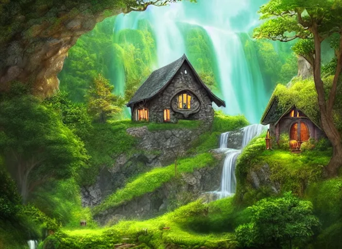 Prompt: A beautiful Elvish house with a waterfall and cliff in the background and trees and grass, fantasy, detailed, digital painting, soft lighting, warm colours, dreamy