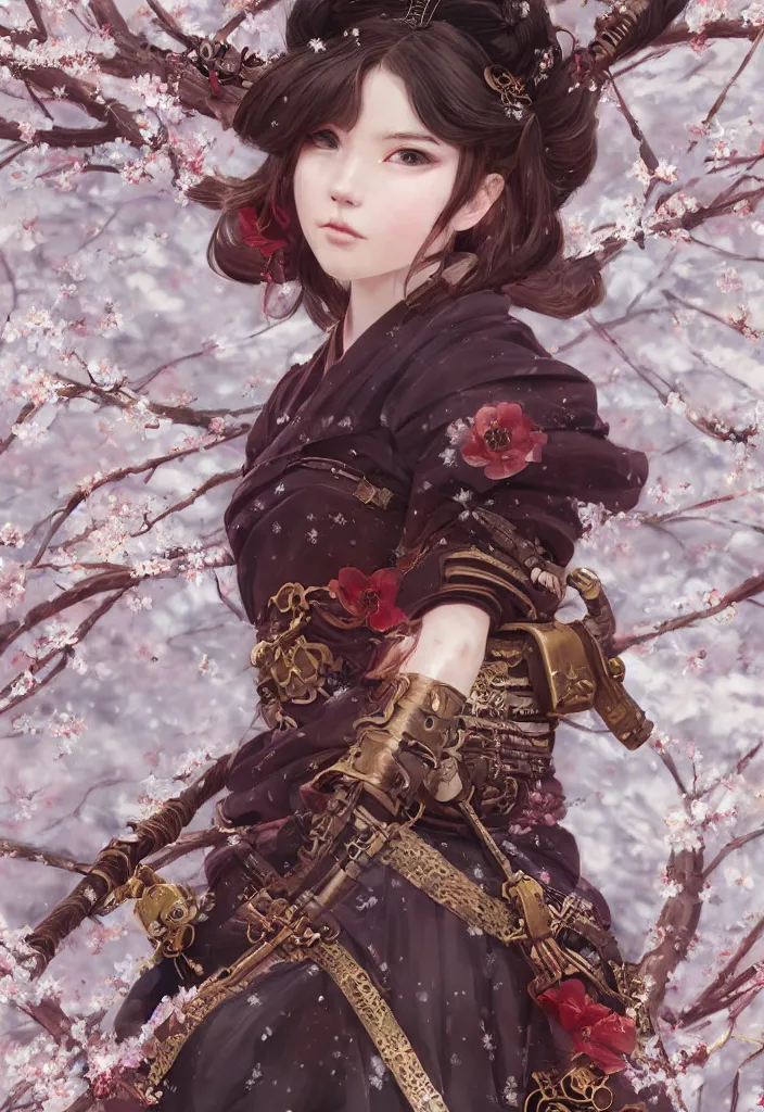 Image similar to detailed portrait of steampunk girl samurai with tachi and cross bow combat pose in snow forest sakura cherry blossom swan hakama kimono trending on artstation elite, elegant, luxury, by krenz cushart greg rutkowski alexandros, perfect face, fine details, realistic shaded, fine - face, pretty face