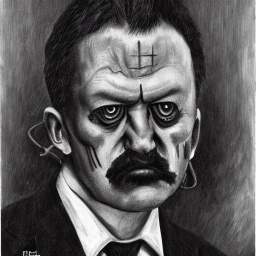 Image similar to Portrait by H.R.Giger of Igor Ivanovich Strelkov very degraded Abomination, photo-realistic, 2K, highly detailed