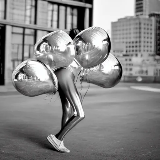 Image similar to chrome girl holding chrome balloon:: wide angle:: full body shot