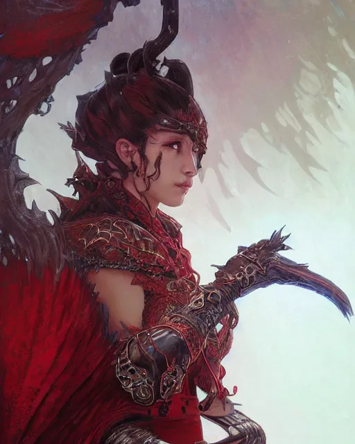 Image similar to Portrait of a Fantasy crimson knight, moonlit, HD, illustration, epic, D&D, fantasy, intricate, elegant, highly detailed, digital painting, artstation, concept art, smooth, sharp focus, illustration, art by artgerm and greg rutkowski and alphonse mucha, monster hunter illustrations art book