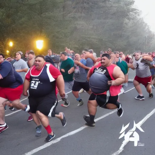 Image similar to a horde of obese men running towards a light in the darkness.