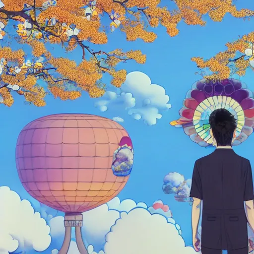 Image similar to a man walking on clouds away from the camera above kyoto by takashi murakami, beeple and james jean, aya takano color style, 4 k, super detailed, modern, 4 k, symmetrical