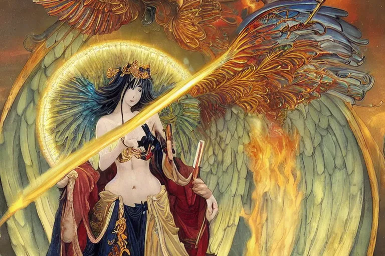 Prompt: glorious beautiful painting of Japanese female angel with flaming sword and golden wings, heavenly background and heavenly light, feminine figure, by James Jean, Neo-Gothic, gothic, Art Nouveau, rich deep moody colors