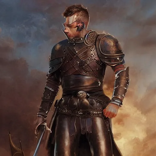 Prompt: young warrior marching toward the viewer, male, muscular, blue eyes!!!!, straight nose!!!, detailed face, exposed thighs!!!, leather, fantasy, medieval, highly detailed, painting by greg rutkowski