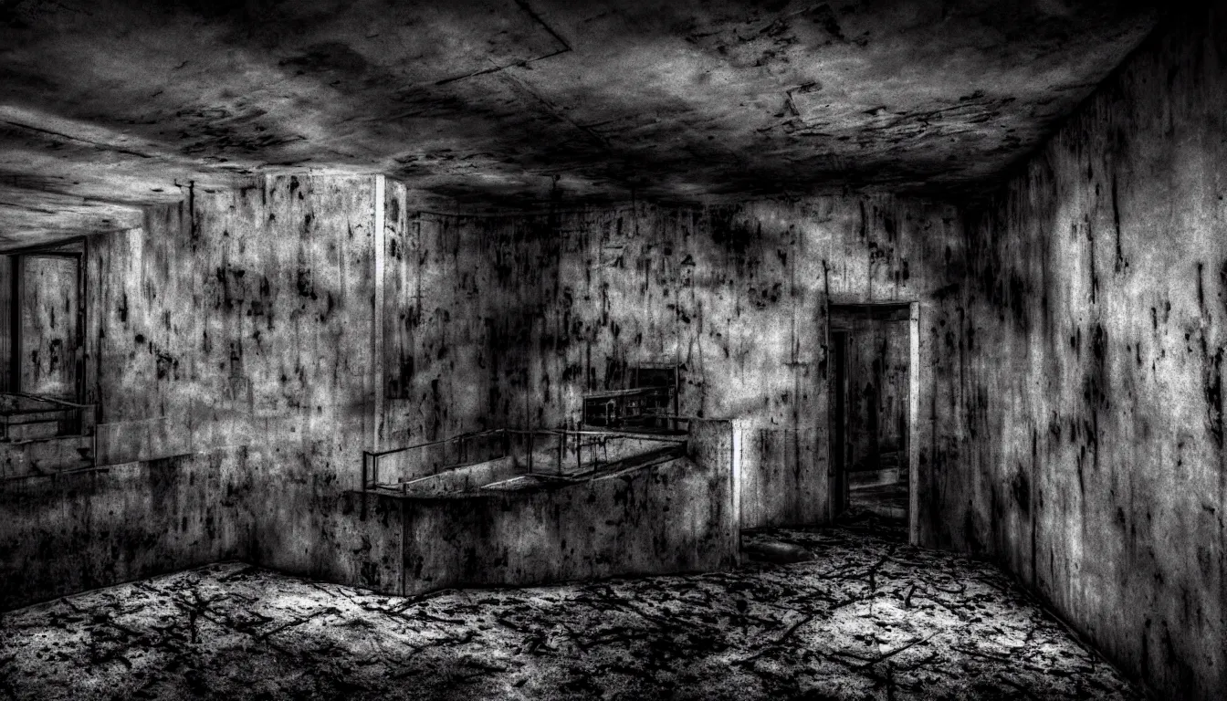 Prompt: haunted abandoned atomic nuclear bunker, dark, atmospheric, scary, claustrophobic, ambient vibe, very detailed, black and white, 4 k