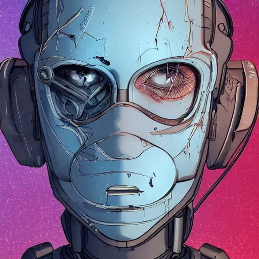 Image similar to Male cyborg, battle-damaged, scarred, wearing facemask, youthful face, bored expression, blue eyes, sterile background, head in profile, sci-fi, wires, cables, gadgets, Digital art, detailed, anime, artist Katsuhiro Otomo