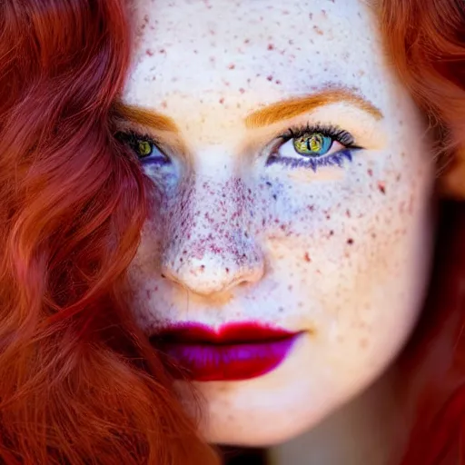 Prompt: close up portrait photograph of the left side of the face of a redhead woman with stars in her irises, red lipstick and freckles. Wavy long hair. she looks directly at the camera. Slightly open mouth, face covers half of the frame, with a park visible in the background. 135mm nikon. Intricate. Very detailed 8k. Sharp. Cinematic post-processing. Award winning portrait photography