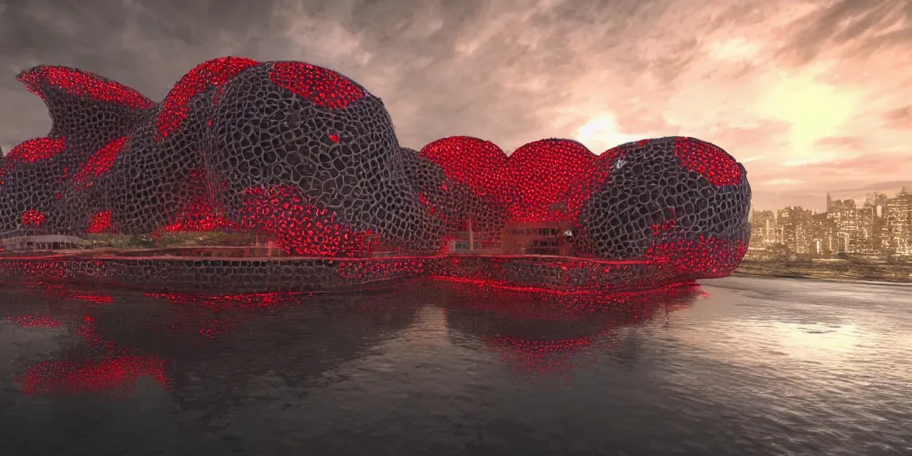 Image similar to An epic architectural rendering of a blob shaped trypophobia house with a mysterious red glow emitting from inside in a modern cityscape next to a river, stunning, gorgeous, golden ratio, photorealistic, featured on artstation, 4k resolution