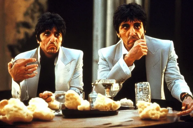 Image similar to tony montana from movie scarface 1 9 8 3 sitting at a ( big black oak table ) with ( big packages of flour ). next to the night window. ( al pacino ). perfect symmetric face, coherent eyes,, fine details, 4 k, ron cobb, cinestill