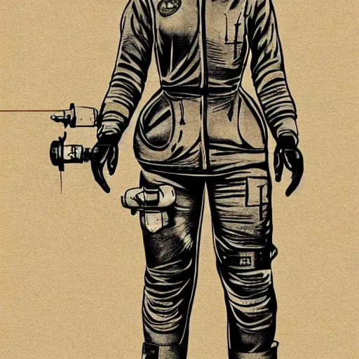 Image similar to tattooed stoic heroic emotionless dirty butch blonde woman mechanic with very short slicked - back hair, full body, uncomfortable awkward and anxious, wearing dark - lensed victorian goggles, wearing flight suit, moebius, rough paper, smooth median photoshop filter cutout vector, moebius, ron cobb, sci fi, behance hd