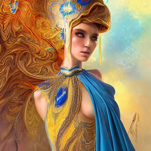 Prompt: a beautiful woman wearing a blue kaftan made of silk with golden ornaments by alex gray and android jones , Karol Bak, Ayami Kojima, Amano , concept art, character design, fantasy,3D, 8k resolution