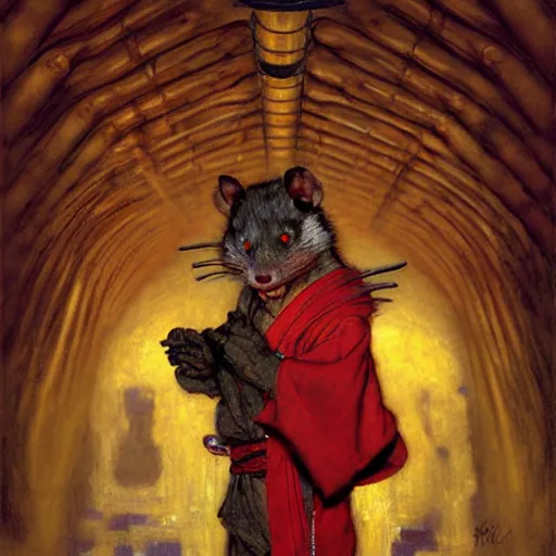 Image similar to a portrait of a male splinter ninja rodent mutant in a red kimono in the sewers. furaffinity furry art detailed face painting by gaston bussiere craig mullins jc leyendecker gustav klimt artgerm greg rutkowski furry