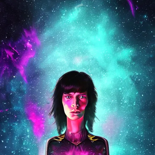 Image similar to portrait from a raven crow alien, synthwave, universe background, nebula, galaxy, artstation