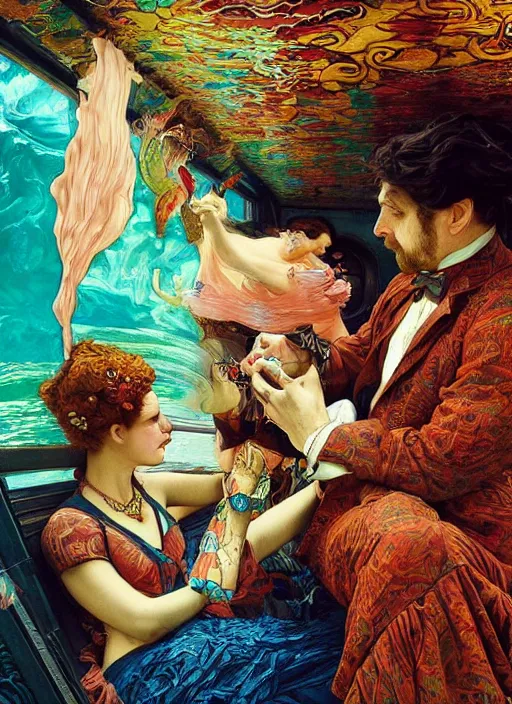 Prompt: detailed colourful masterpiece of photography couple portrait sat down extreme closeup, love, inside an underwater train, detailed realistic expressions, wearing unusual clothes, by kilian eng and ford madox brown and william powell frith and frederic leighton and john william waterhouse and greg hildebrandt