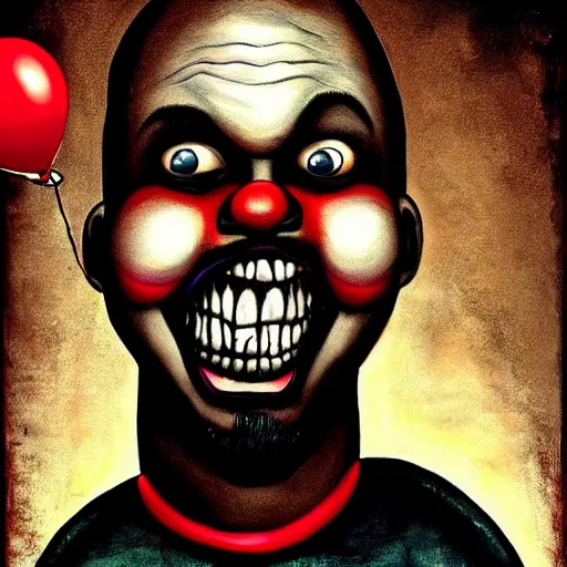 Image similar to grunge painting of kanye with a wide smile and a red balloon by chris leib, loony toons style, pennywise style, corpse bride style, horror theme, detailed, elegant, intricate