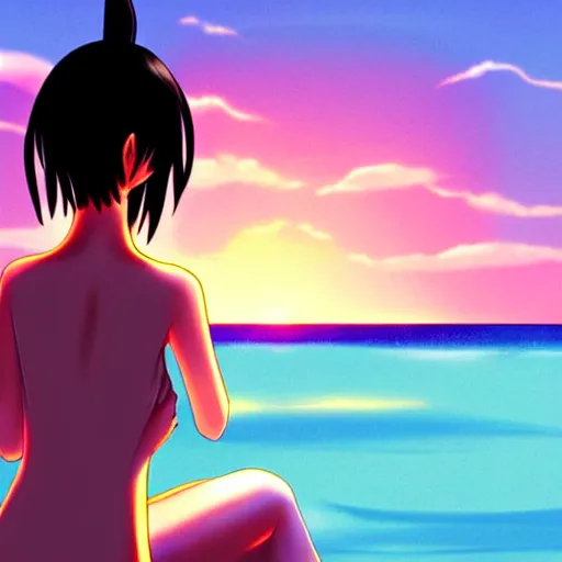 Image similar to digital illustration anime girl looking at the sunset on the beach, by miazaki, by leiji matsumoto