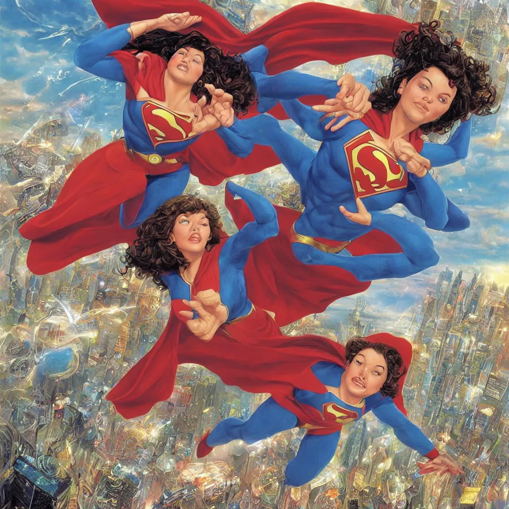 Prompt: super woman dreaming of the metaverse, by bob byerley, by mark brooks, ultra - wide angle, colorful,... imagining self identify, expansive, stillness and breath