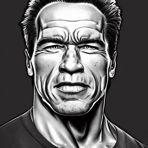 Image similar to portrait arnold schwarzenegger by yusuke murata and masakazu katsura, artstation, highly - detailed, cgsociety, pencile and ink, city in the background, dark colors, intricate details h 7 0 4