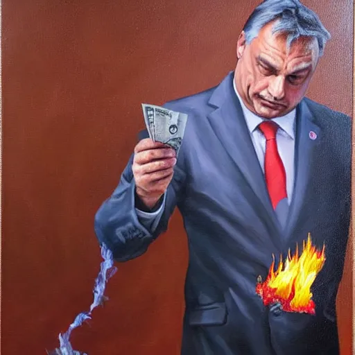 Image similar to viktor orban burning cash, oil painting