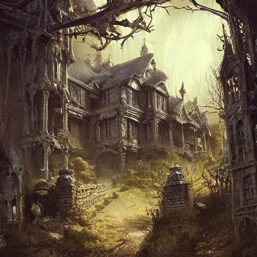 Image similar to detailed the huge haunted house on the edge of a hill , highly detailed, illustration, fantasy art, in the style of greg rutkowski, epic, fantasy, intricate, hyper detailed, artstation, concept art, smooth, sharp focus, ray tracing