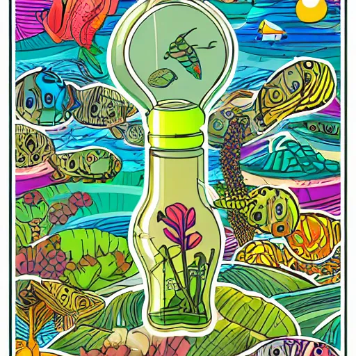 Image similar to Ecosystem in a bottle, sticker, highly detailed, colorful, illustration, drama, smooth and clean vector curves, no jagged lines, vector art, smooth