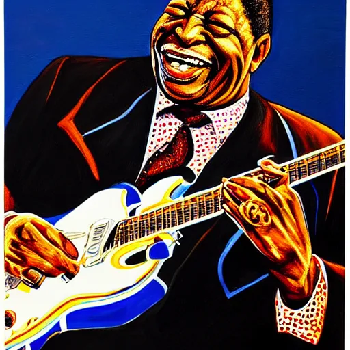 Prompt: portrait of bb king, joyful, highly detailed painting by stephen bliss, boxart, 8 k