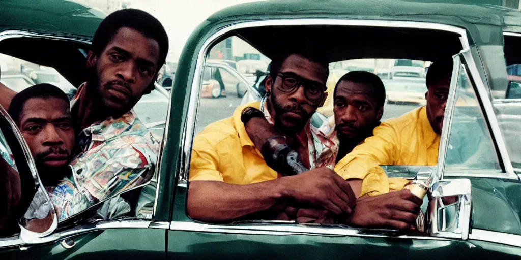 Image similar to bronx, black men sit in the 7 0 s car, holding a magnum, closeup, coloured film photography, bruce davidson photography