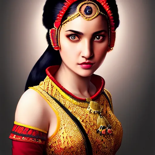 Prompt: stunning beauty attractive teen girl wearing assamese mekhela style costume ; portrait by artgerm and tom bagshaw ; trending on artstation ; award winning, sultry seductive pinup pose ; cinematic natural dramatic lighting, studio photography by annie leibovitz