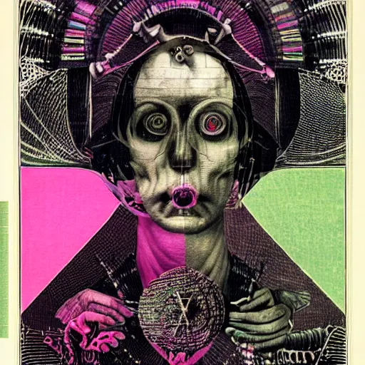 Image similar to post - punk new age album cover, asymmetrical design, frame of a dollar bank notes, capitalism, magic, apocalypse, psychedelic, black white pink, magic, giger h. r., giuseppe arcimboldo