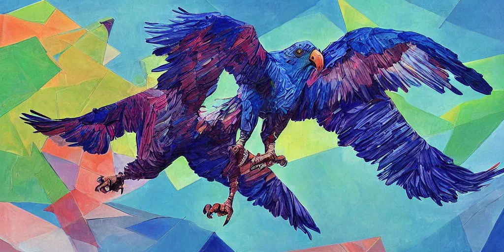 Prompt: dynamic, wideangle closup, digital painting, expressive, vibrant, blue iridiescent giant vulture with spread wings, angry, imposing, spectacular, cubism,