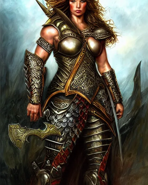 Prompt: a fierce and muscular warrior princess in full armor, fantasy character portrait by howard david johnson, yael nathan