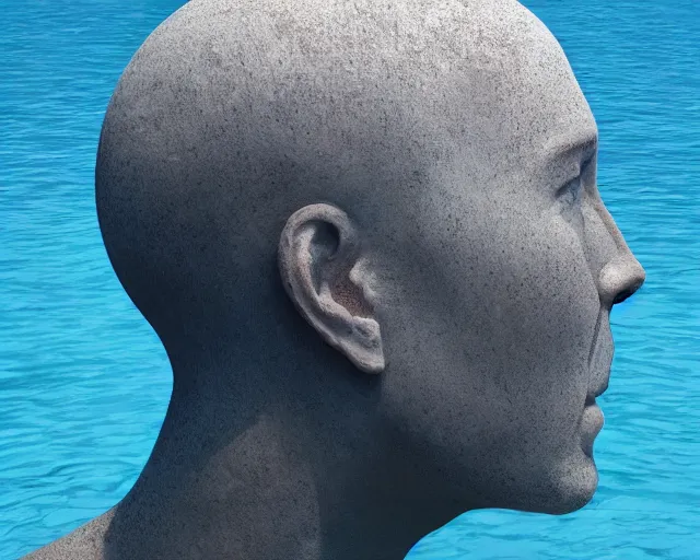 Image similar to a giant sculpture on the surface of the ocean of a human head, hyper - realistic, very detailed, realistic water, ray tracing, 8 k resolution, long - shot, sharp focus, low angle, 8 5 mm photograph, wide lens