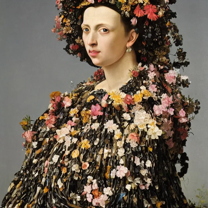 Prompt: a closeup portrait of a woman wearing a cloak made of plastic and mud, in an infinite landscape of flowers, photograph by caravaggio, canon eos c 3 0 0, ƒ 1. 8, 3 5 mm, 8 k, medium - format print